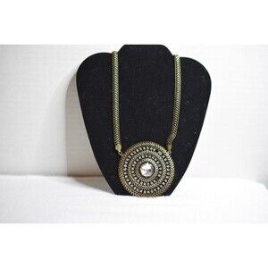 Chico's Boho Round Bronze Rhinestone Pendant Statement 22 inch Necklace